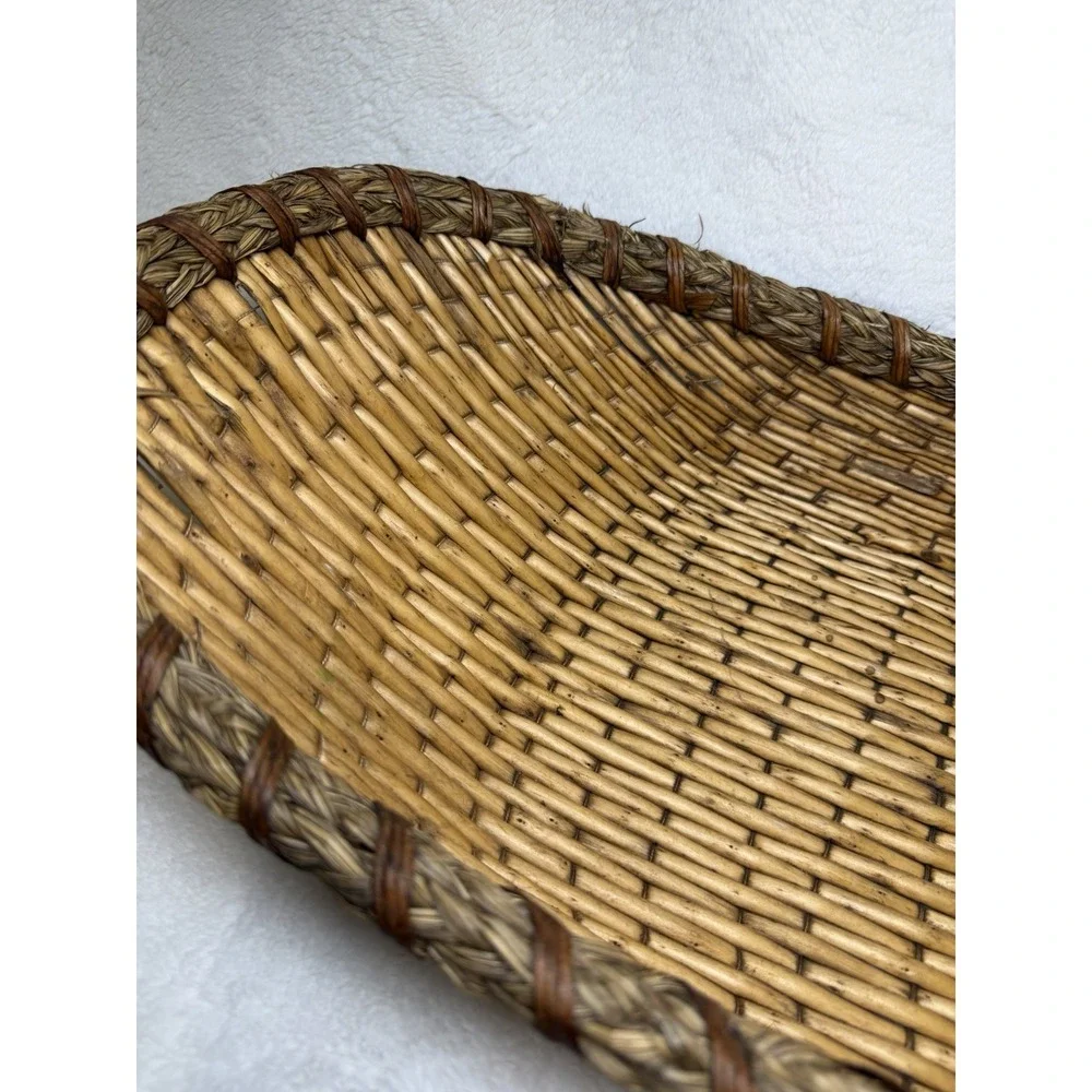 Antique Winnowing Basket Bamboo Tray Egg Shaped Bohemian Primitive Rustic 22x11